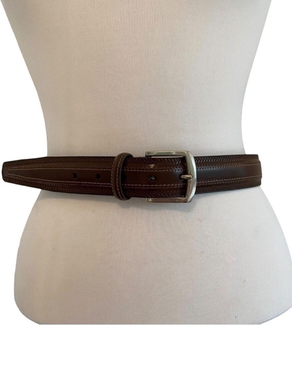 FH men maroon brown dress belt contrasting stitches genuine leather size 32